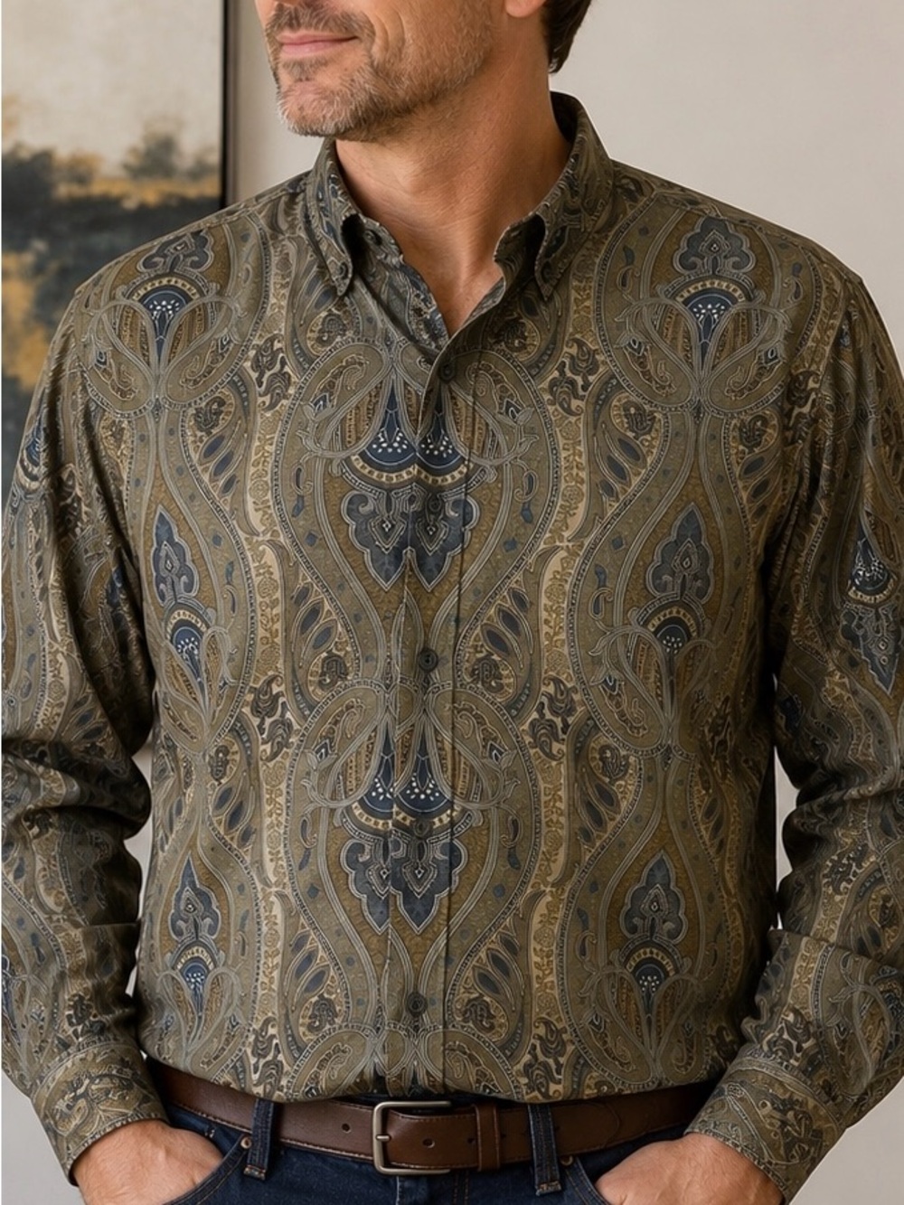 Chaps Ralph Lauren XL Paisley Button Down Shirt Olive Blue Vintage Style - Picture 3 of 5